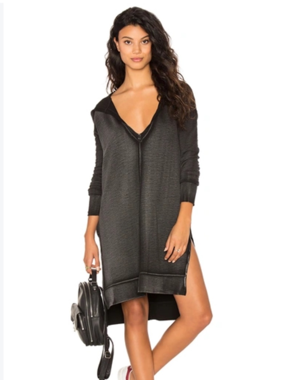 Free People Queen of Hearts Charcoal Hooded Tunic Pullover Dress Top Small